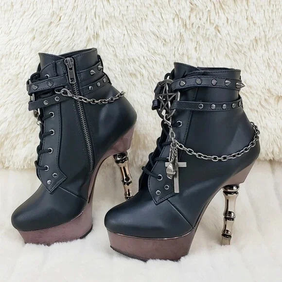 NIB MUERTO 1001 Finger Bone Heel Platform Biker Ankle Boots Charm Chain - Picture 2 of 12